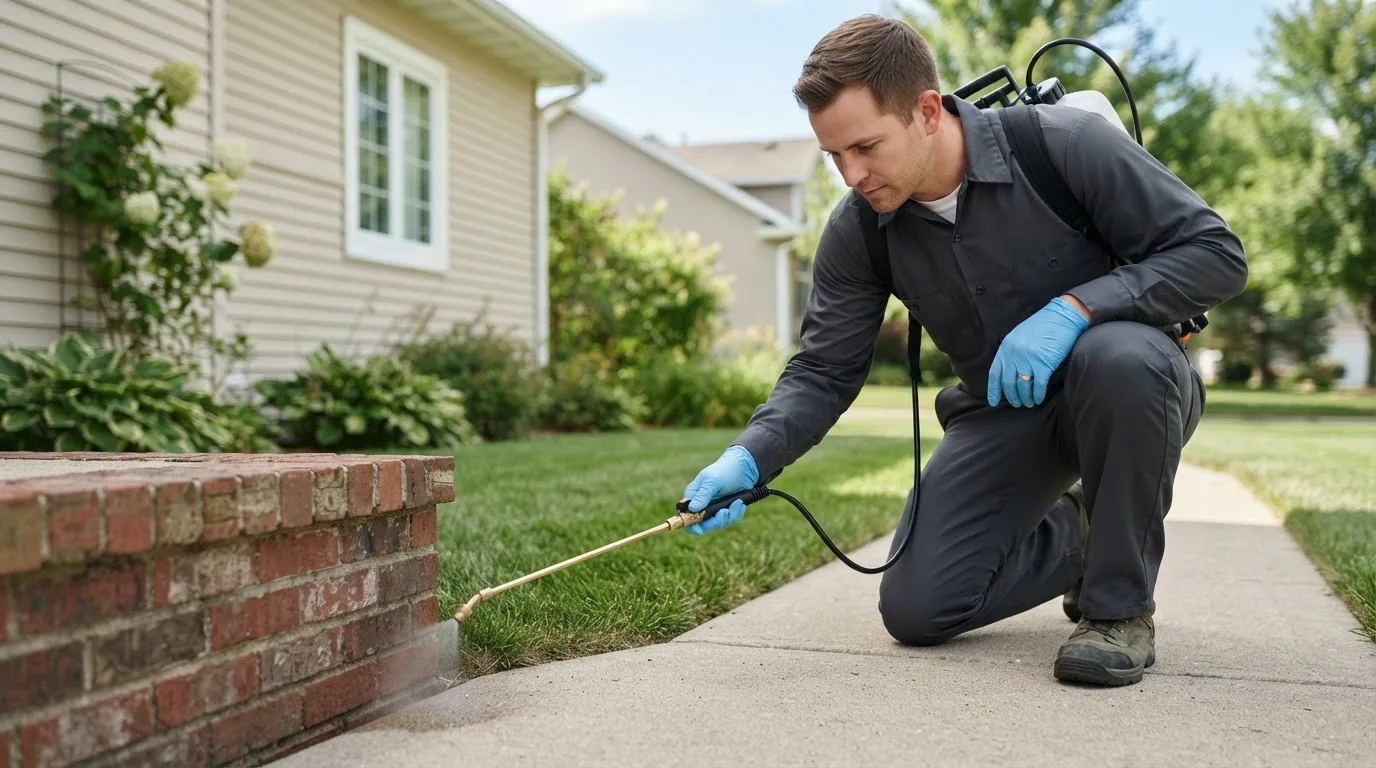 Pest control technician treating a home near Wells River, VT